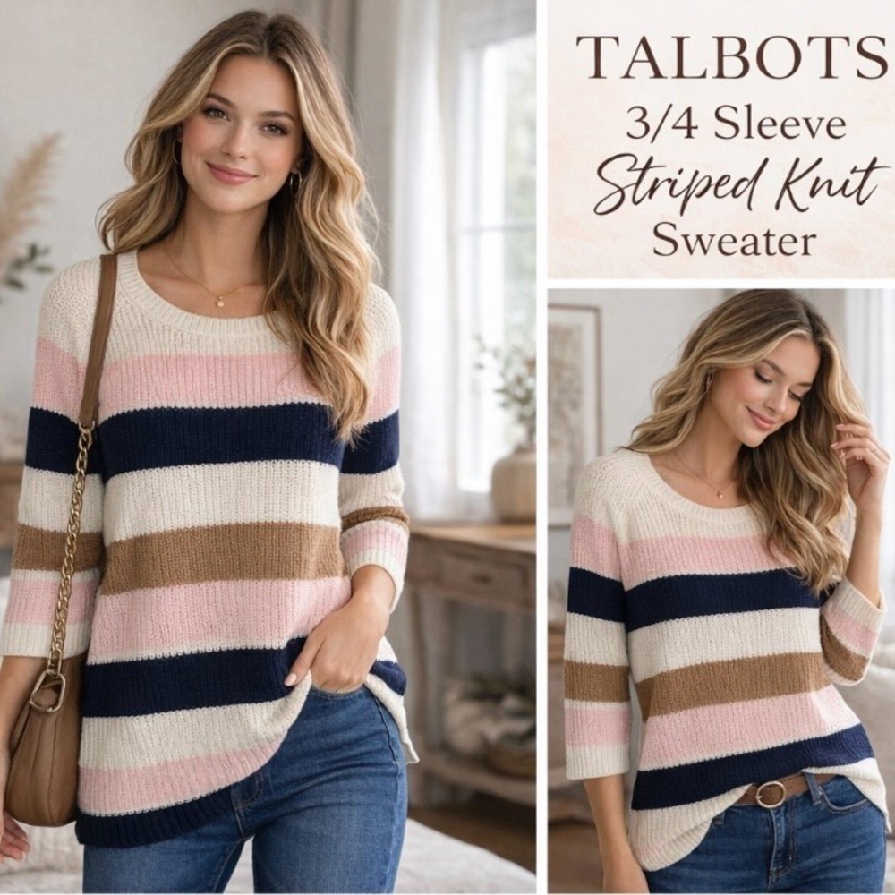 Talbots Pink Navy White Tan Striped 3/4 Sleeve Sweater